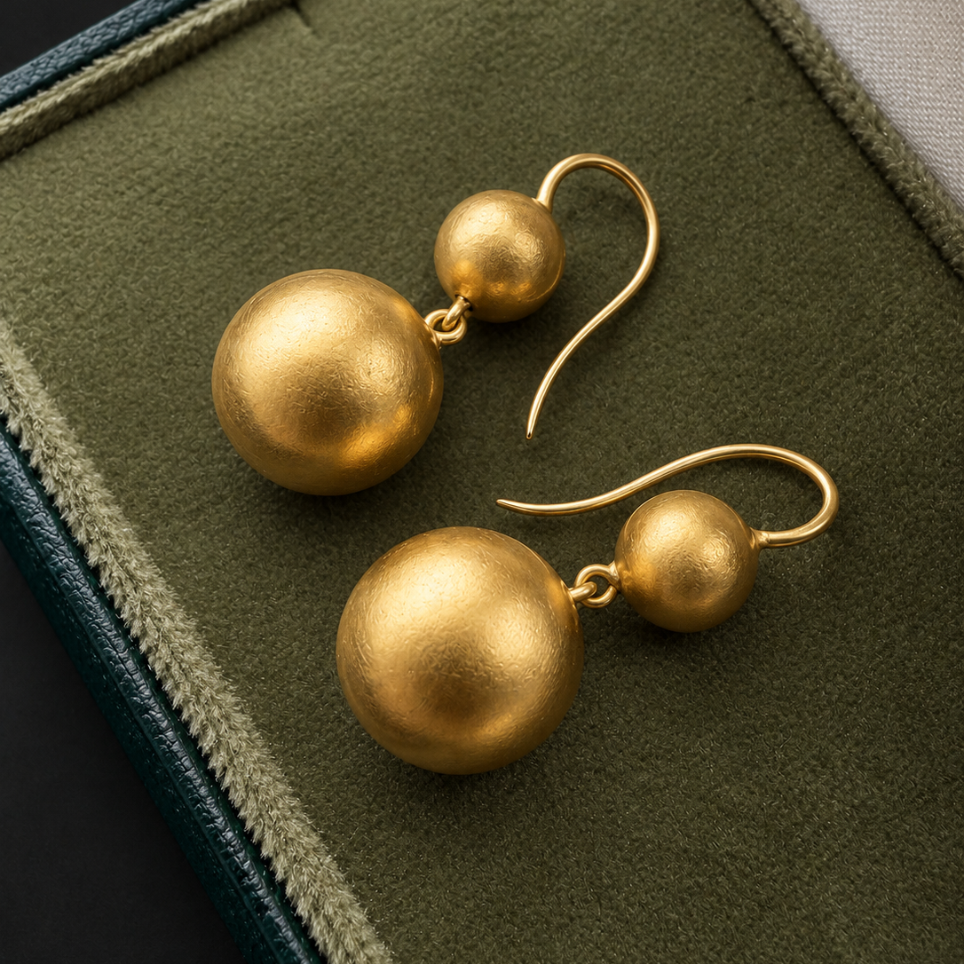 Antique 18K Yellow Gold Double Orb Drop Earrings
