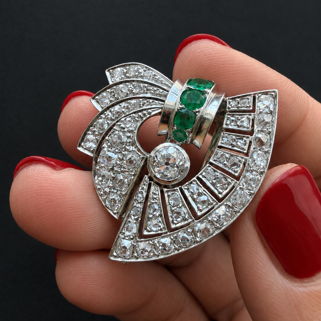 French Art Deco 18K gold Diamond & Emerald Clip Brooch 