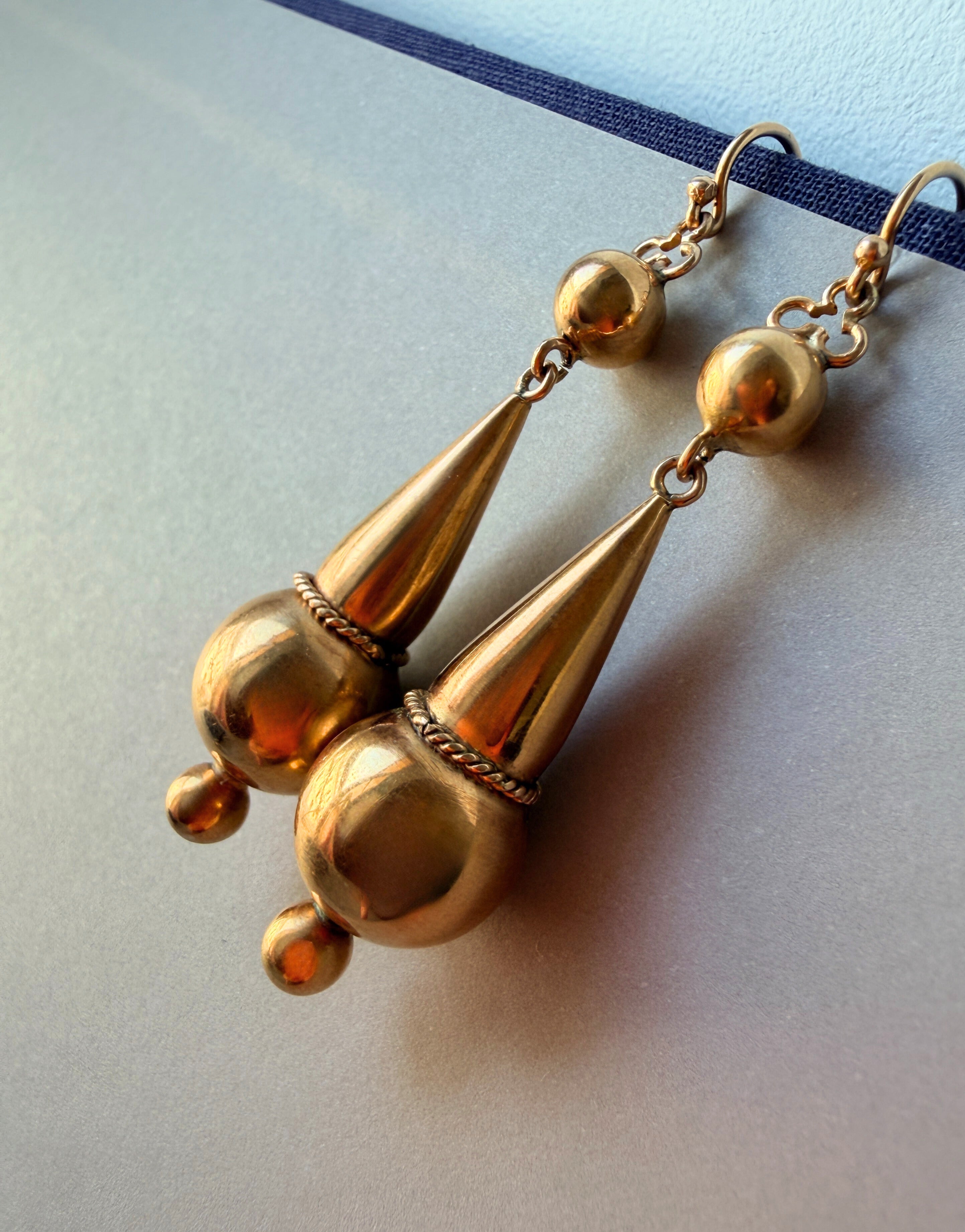 Victorian Etruscan Revival 9K gold Drop Earrings 