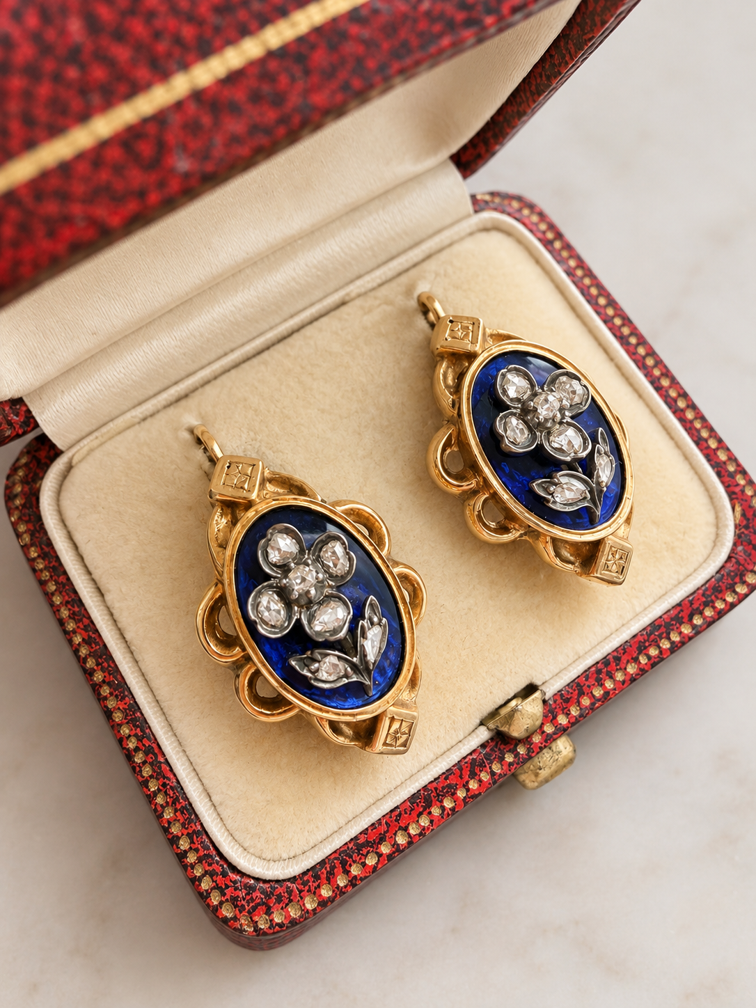 Victorian 18K Gold blue enamel diamond flower earrings