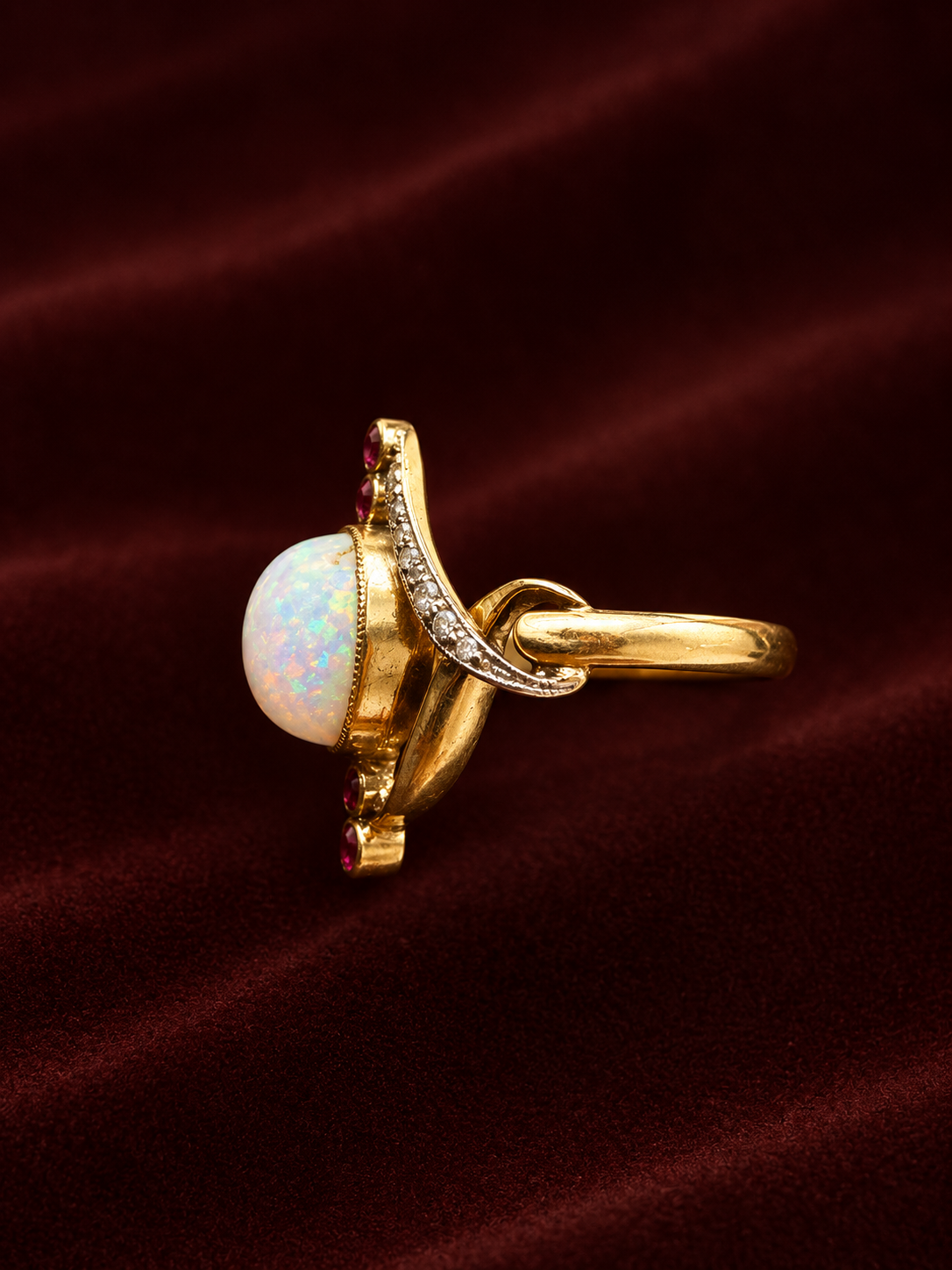 Antique French 18K gold opal and ruby diamond ring