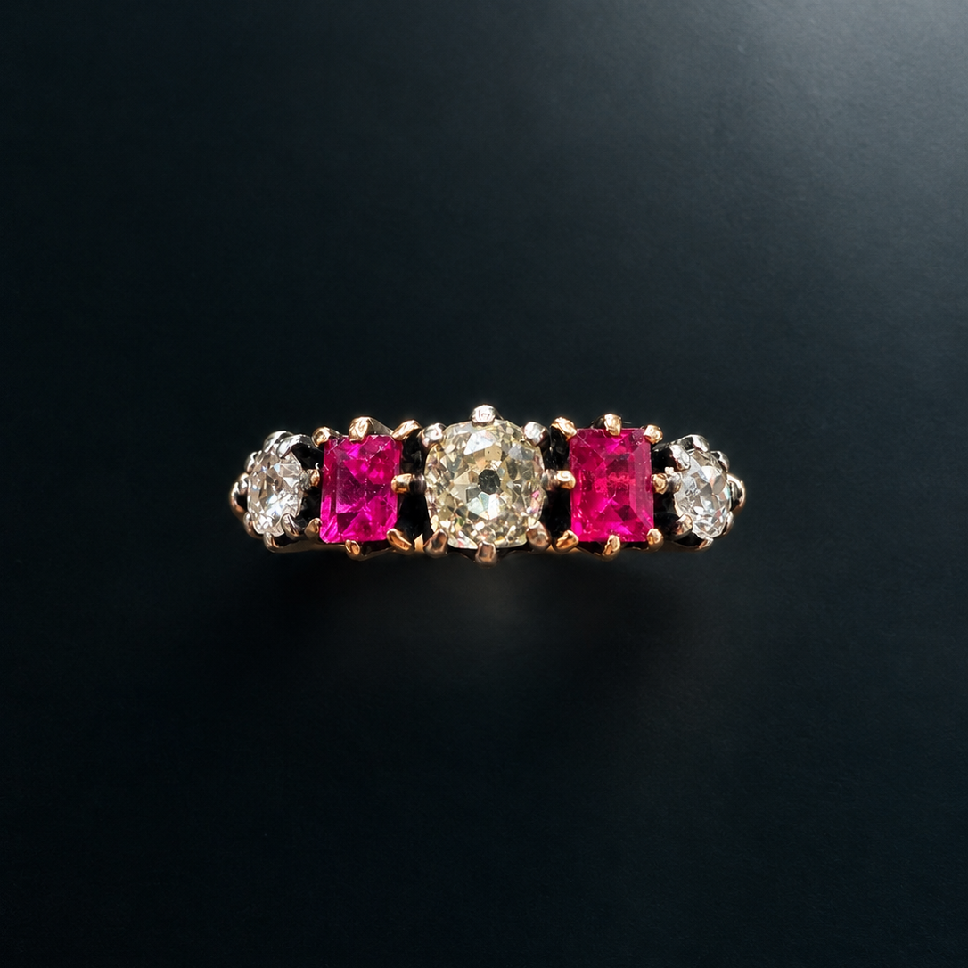 Antique French 18K Gold Diamonds & Rubies garter ring