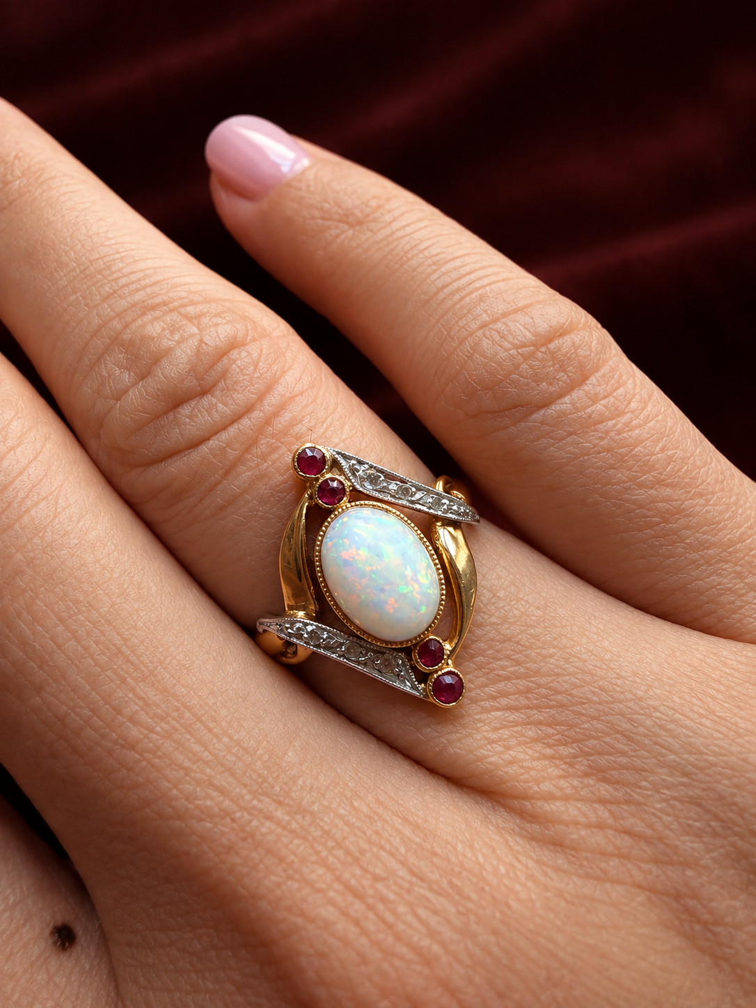 Antique French 18K gold opal and ruby diamond ring