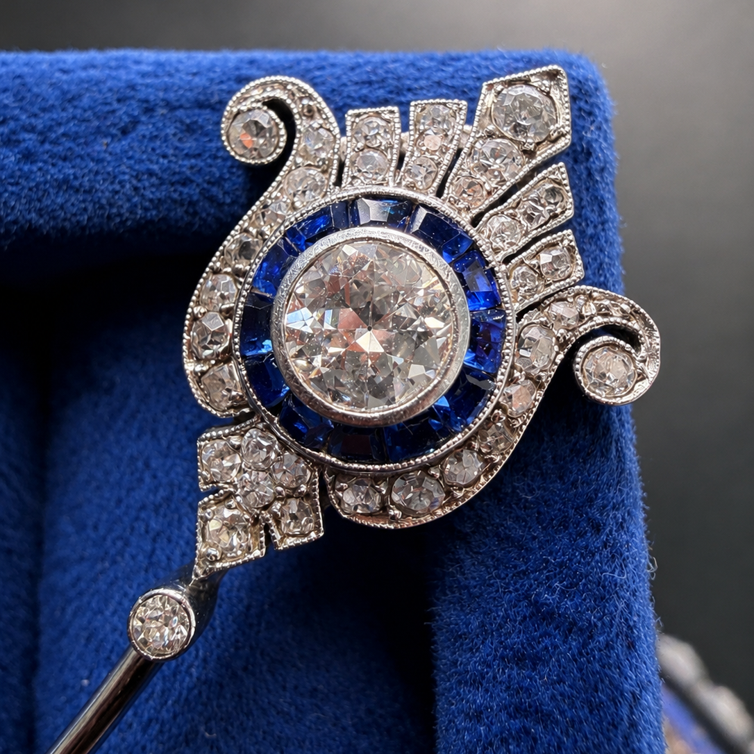 French Art Deco Diamond & Sapphire Jabot Pin in 18K White Gold