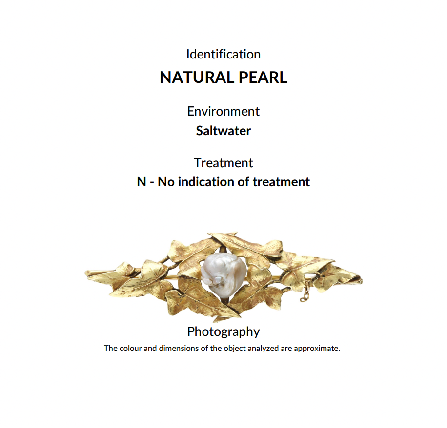 HENRI MIAULT Art Nouveau 18K ivy leaf brooch, Certified natural pearl