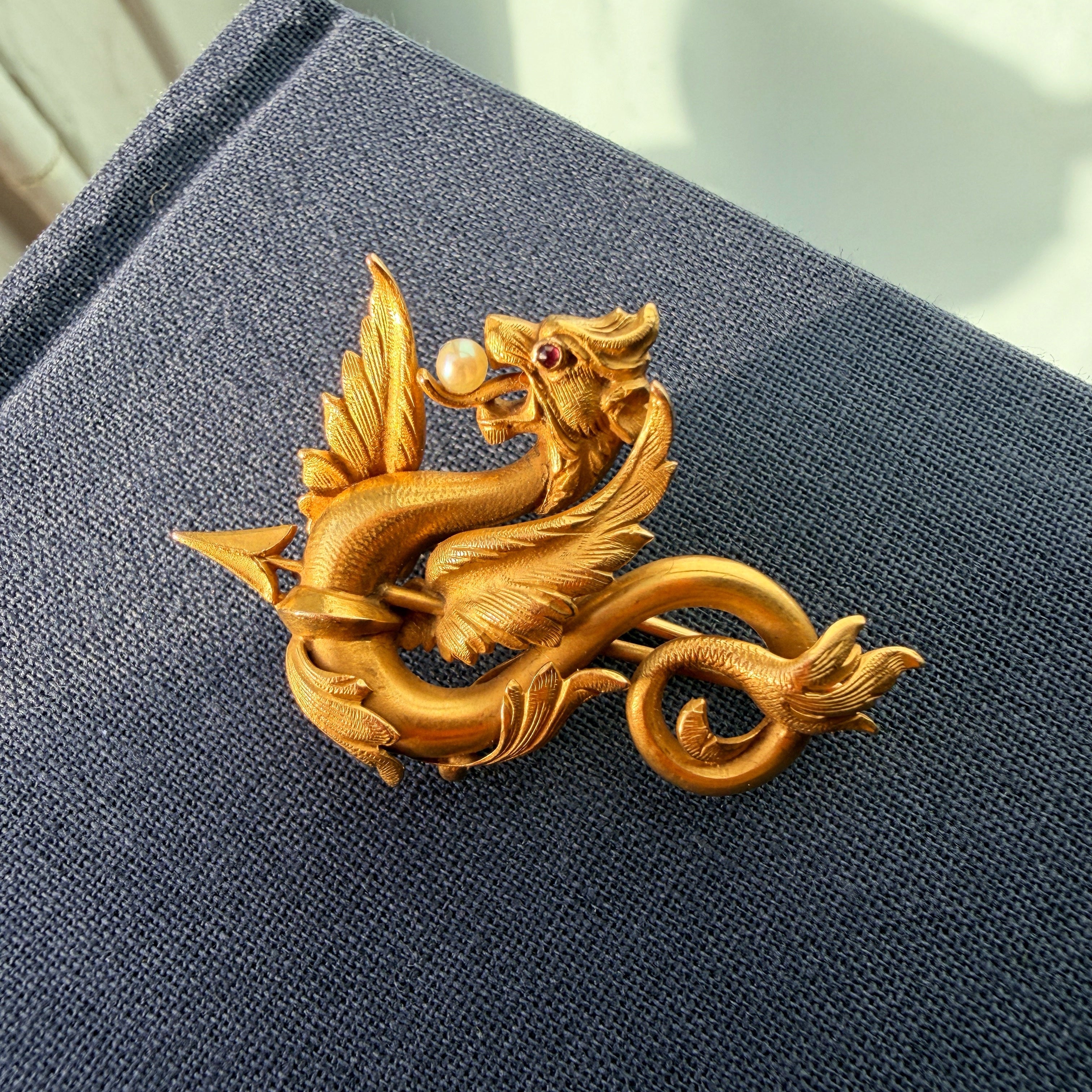 French Art Nouveau 18K Gold Chimera Brooch