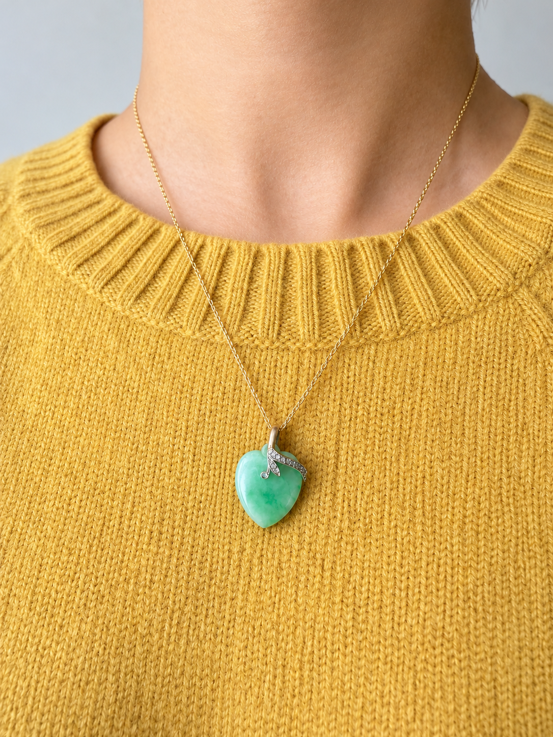 French antique 18K white gold jade diamond heart pendant