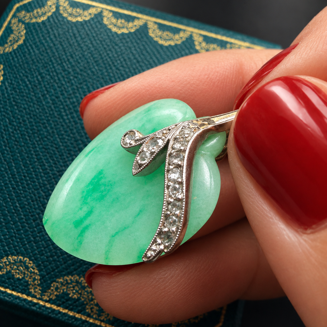 French antique 18K white gold jade diamond heart pendant