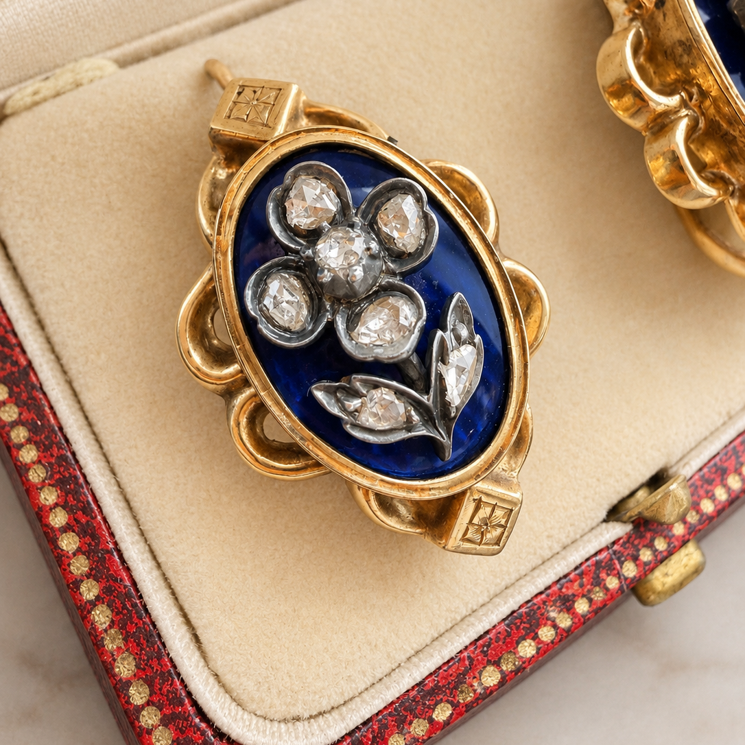 Victorian 18K Gold blue enamel diamond flower earrings