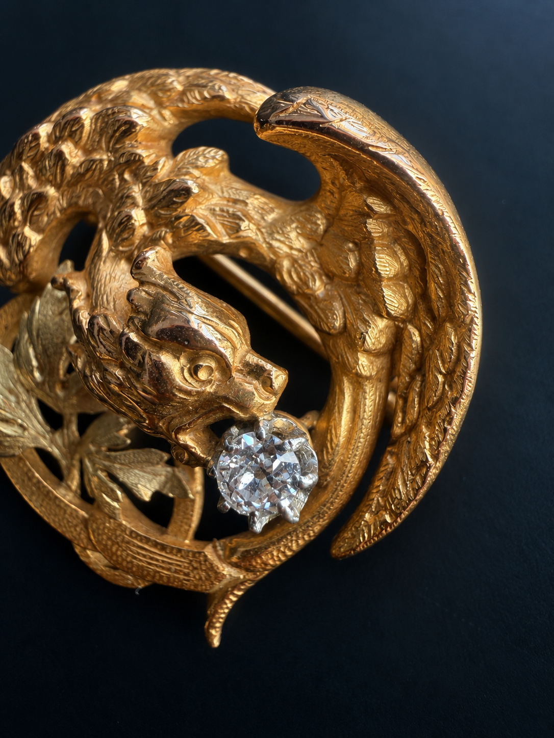 French Art Nouveau 18K gold diamond chimera brooch