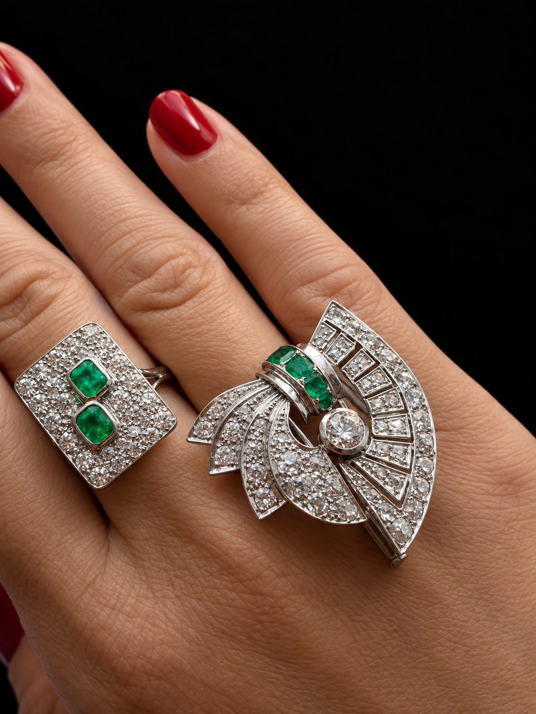 French Art Deco 18K gold Diamond & Emerald Ring