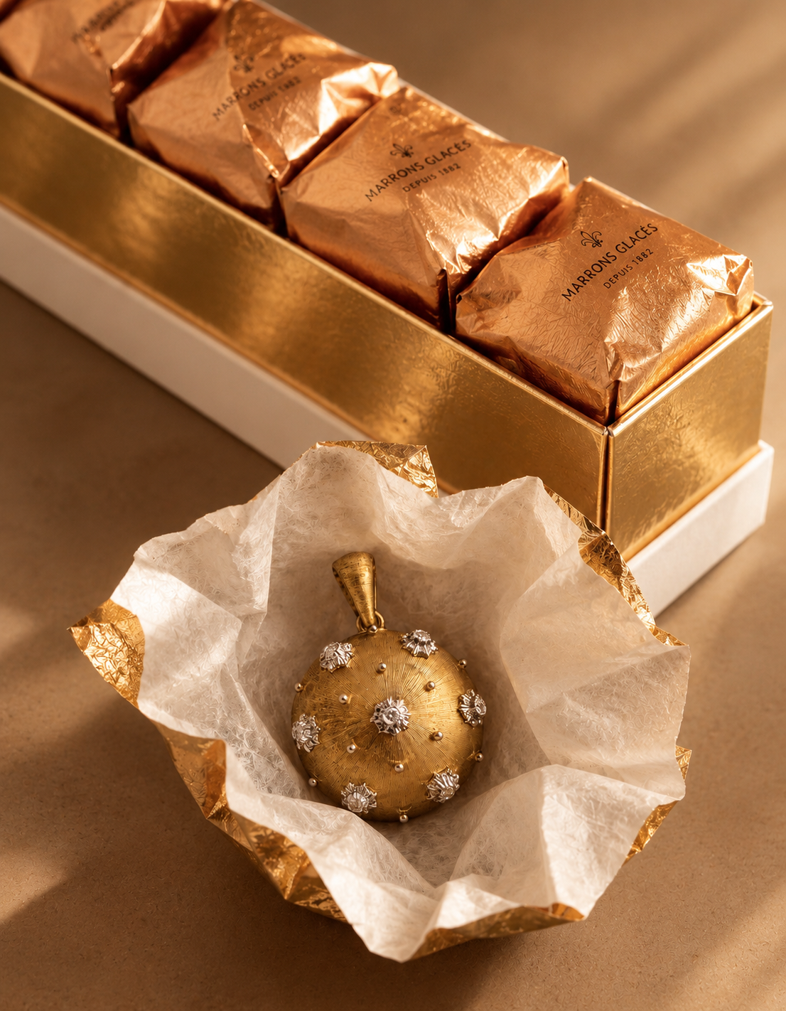 Marron Glacé, Candied Chestnut — 18K Gold & Diamond Pendant