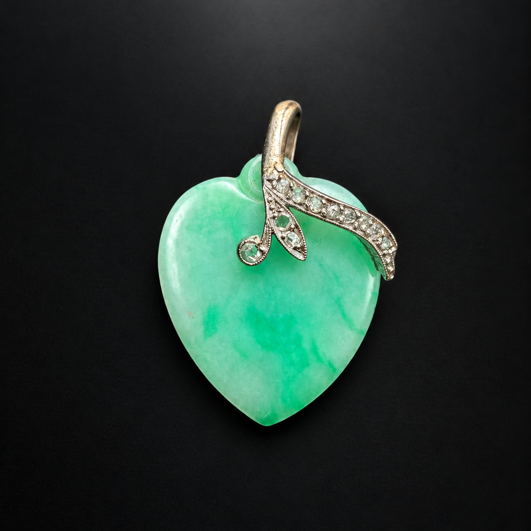 French antique 18K white gold jade diamond heart pendant