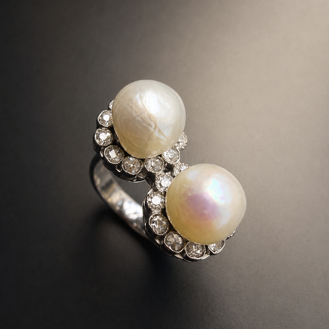 Art Deco 18K Gold LFG certified Natural Pearl & Diamond Ring