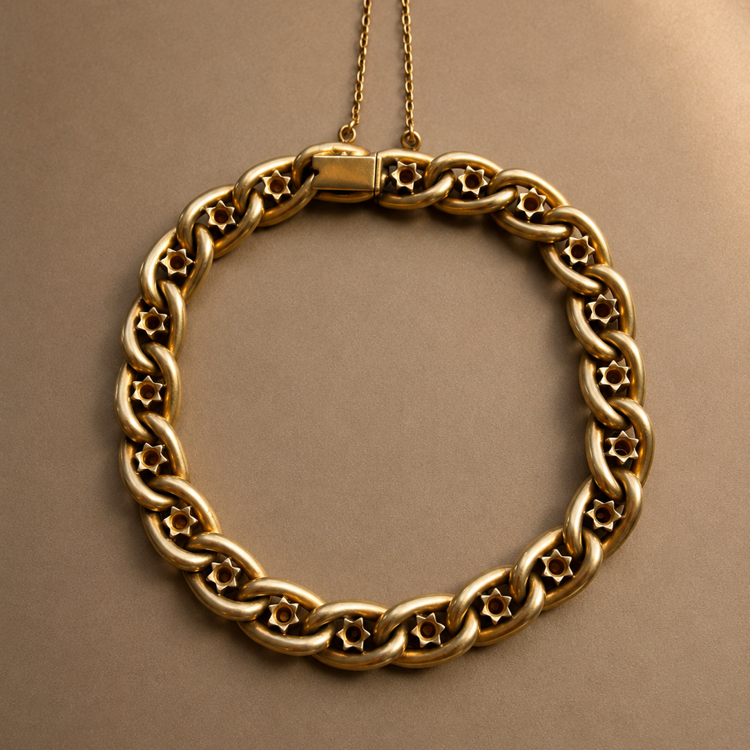 Antique 18K yellow gold star curb link bracelet