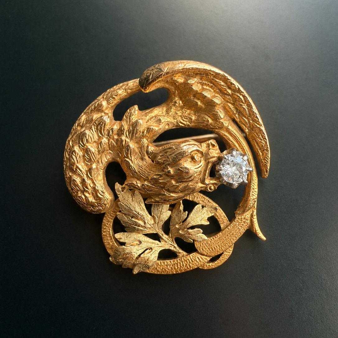 French Art Nouveau 18K gold diamond chimera brooch