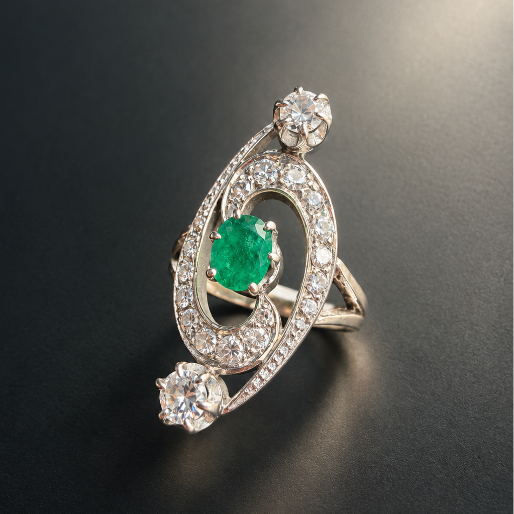 Antique French 18K gold emerald diamond ring