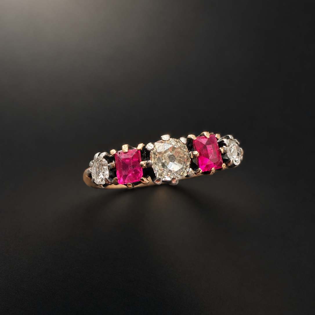 Antique French 18K Gold Diamonds & Rubies garter ring