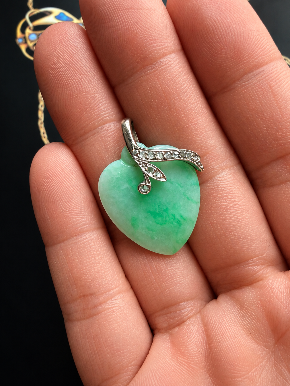 French antique 18K white gold jade diamond heart pendant