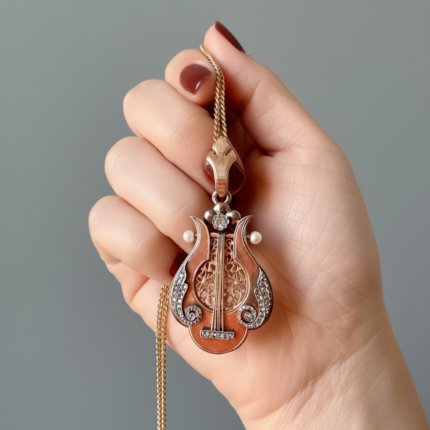 Victorian 18K Gold diamond lyr Vinaigrette Locket pendant