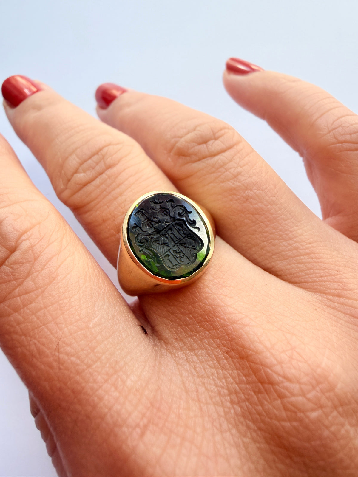French Antique solid 18K Gold Peridot Signet Ring