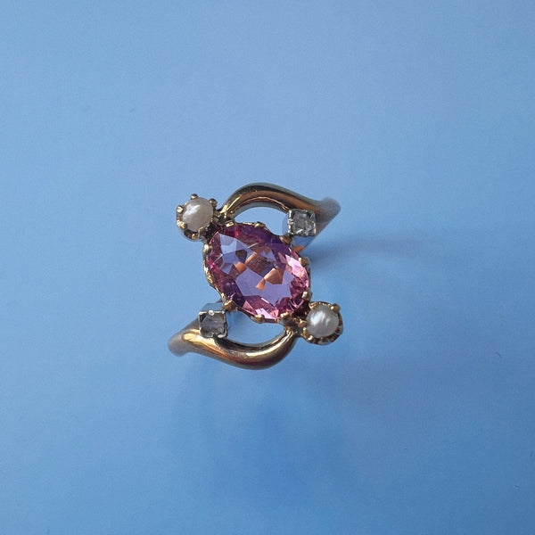 Victorian era 18K gold pink tourmaline diamond pearl ring