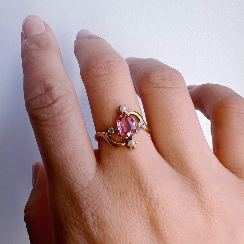 Victorian era 18K gold pink tourmaline diamond pearl ring