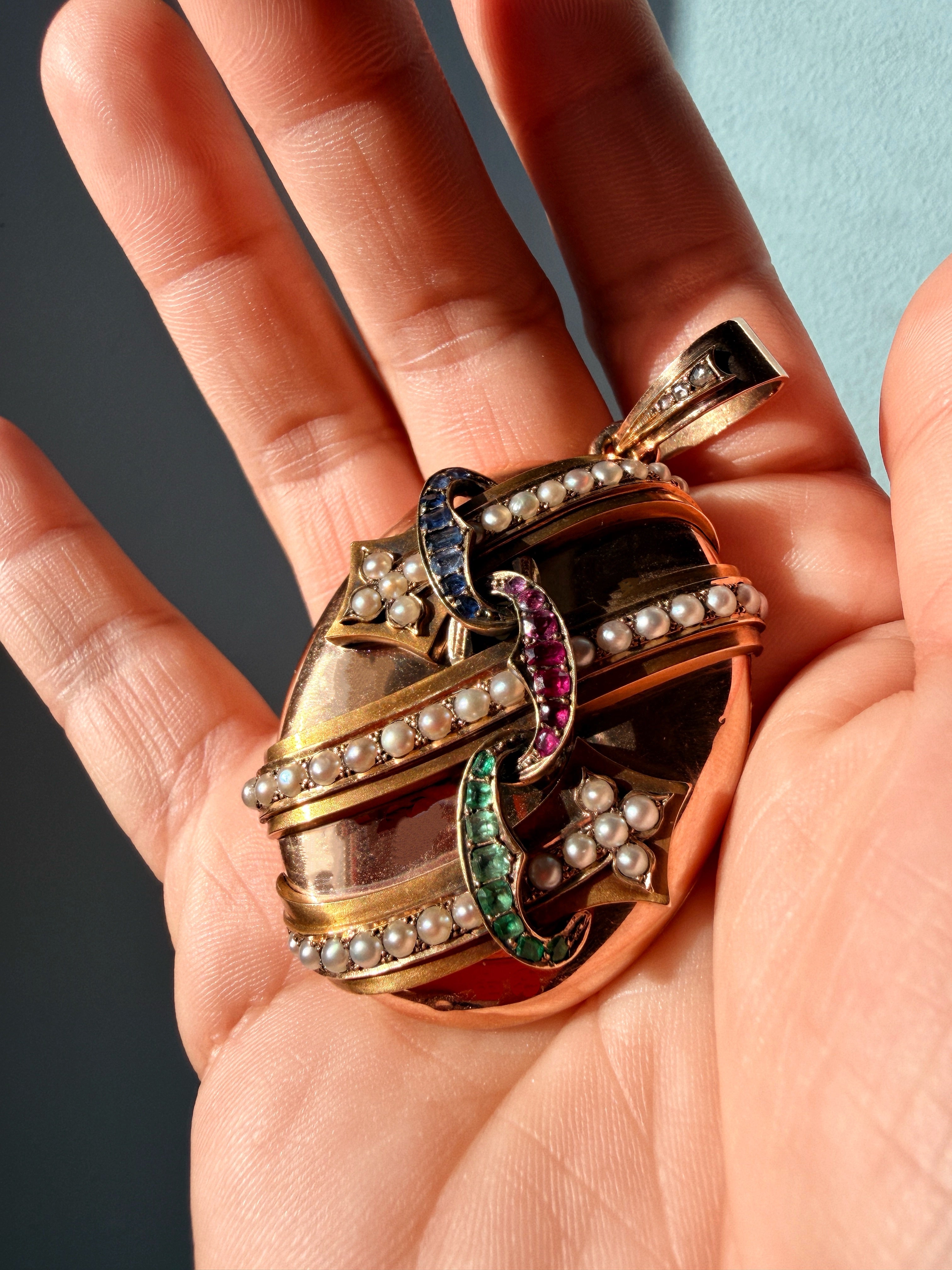 Victorian large 18K gold gemstone arrow locket pendant