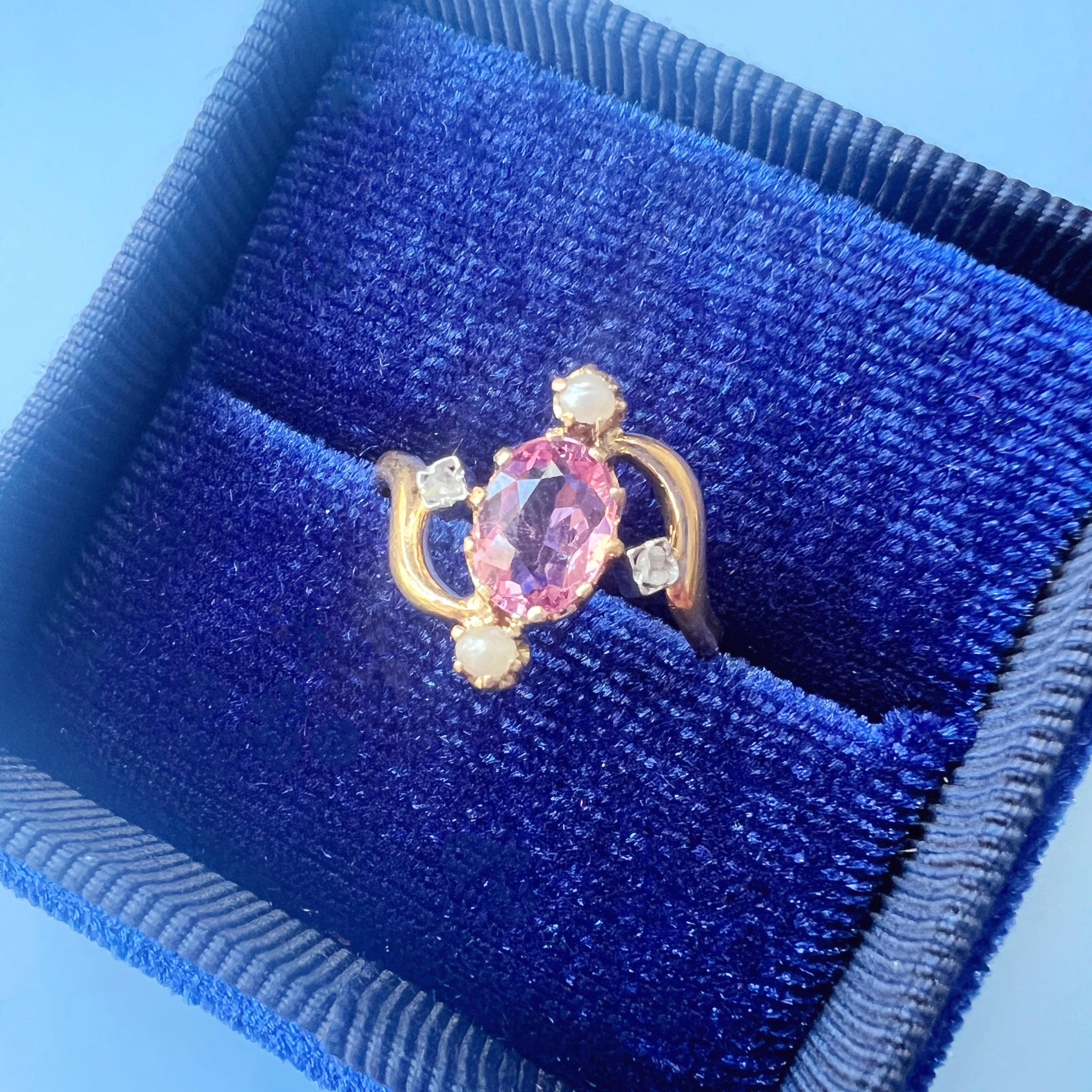 Victorian era 18K gold pink tourmaline diamond pearl ring - Curiously timeless