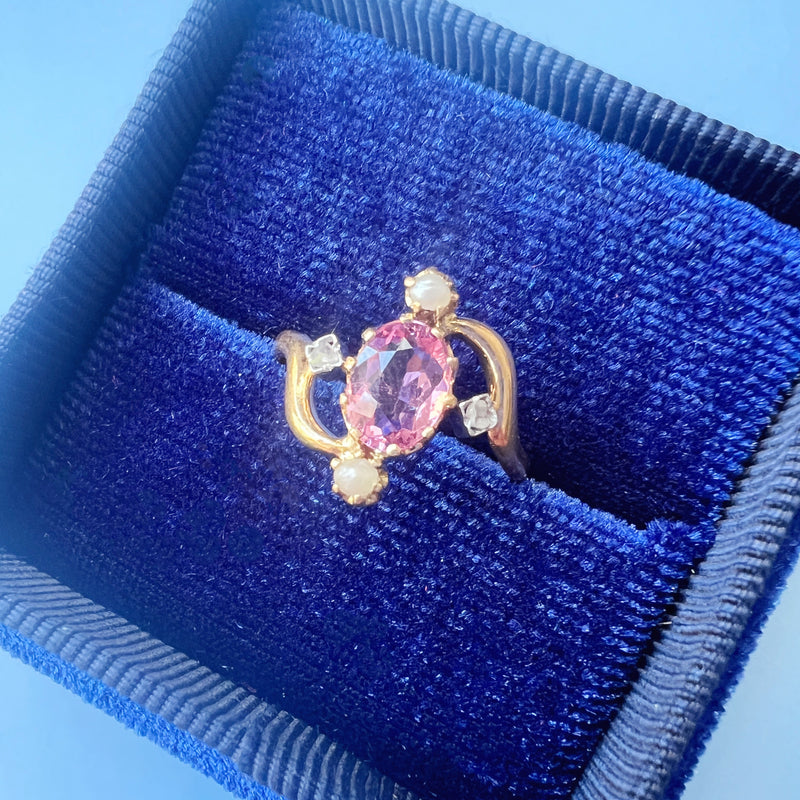 Victorian era 18K gold pink tourmaline diamond pearl ring