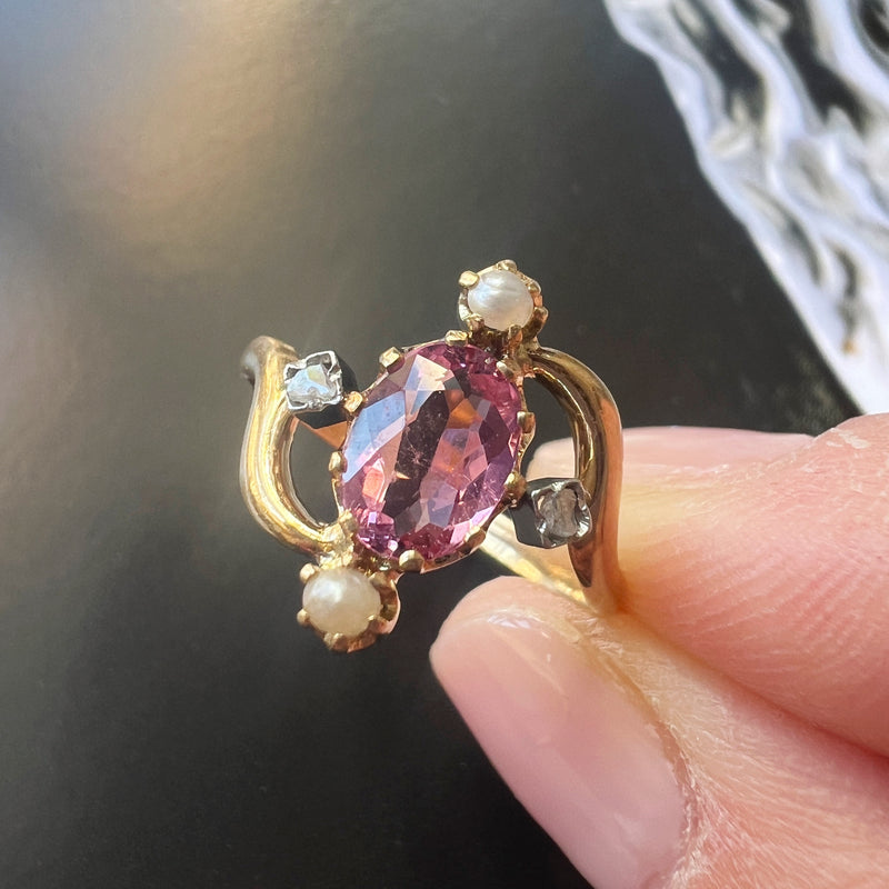 Victorian era 18K gold pink tourmaline diamond pearl ring