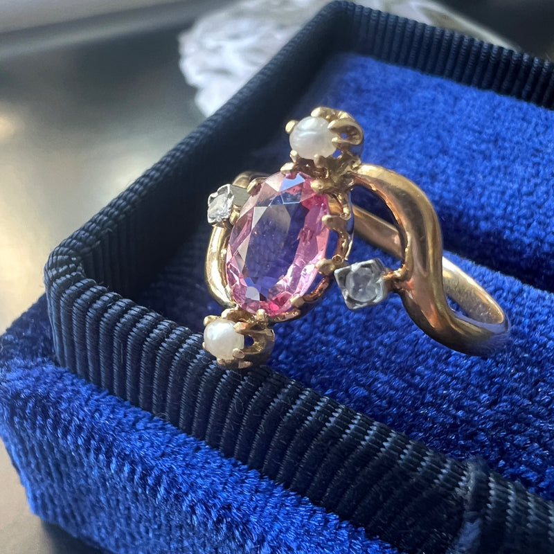 Victorian era 18K gold pink tourmaline diamond pearl ring