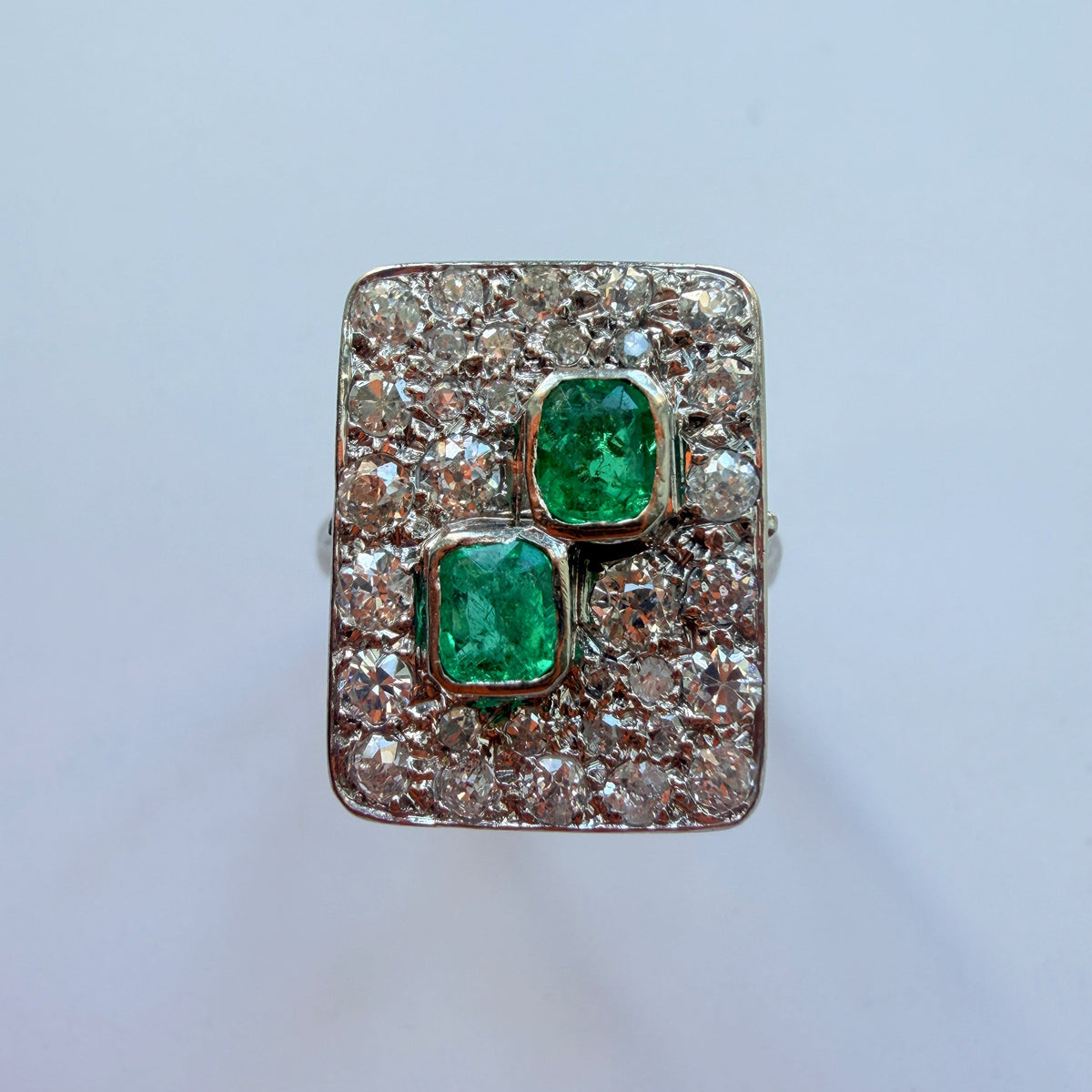French Art Deco 18K gold Diamond & Emerald Ring