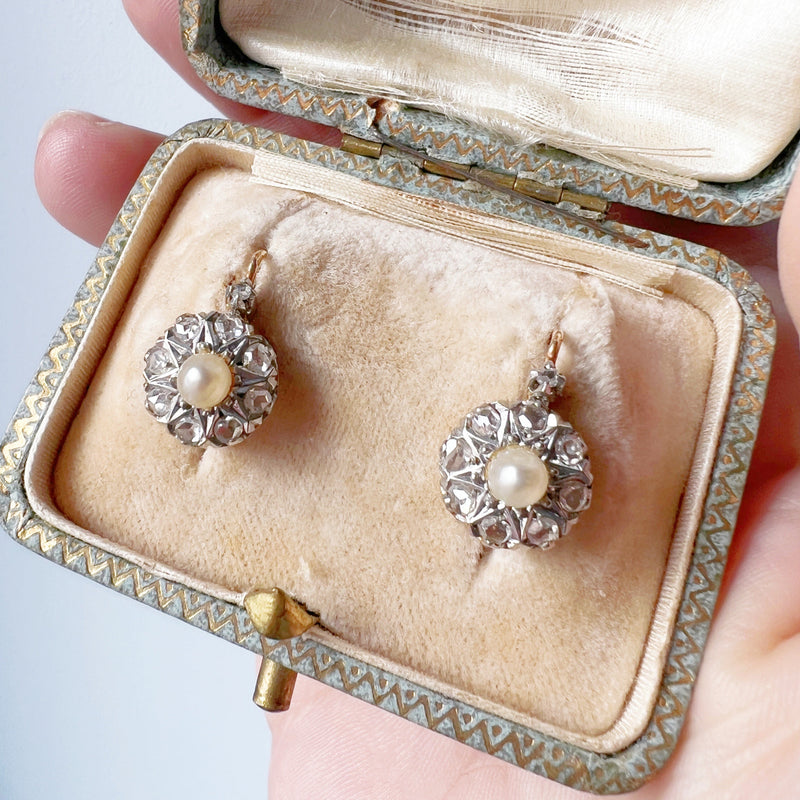 Antique 18K gold pearl diamond earrings