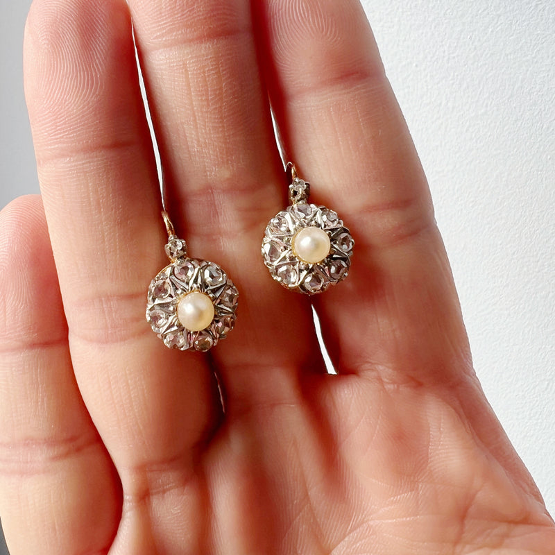 Antique 18K gold pearl diamond earrings