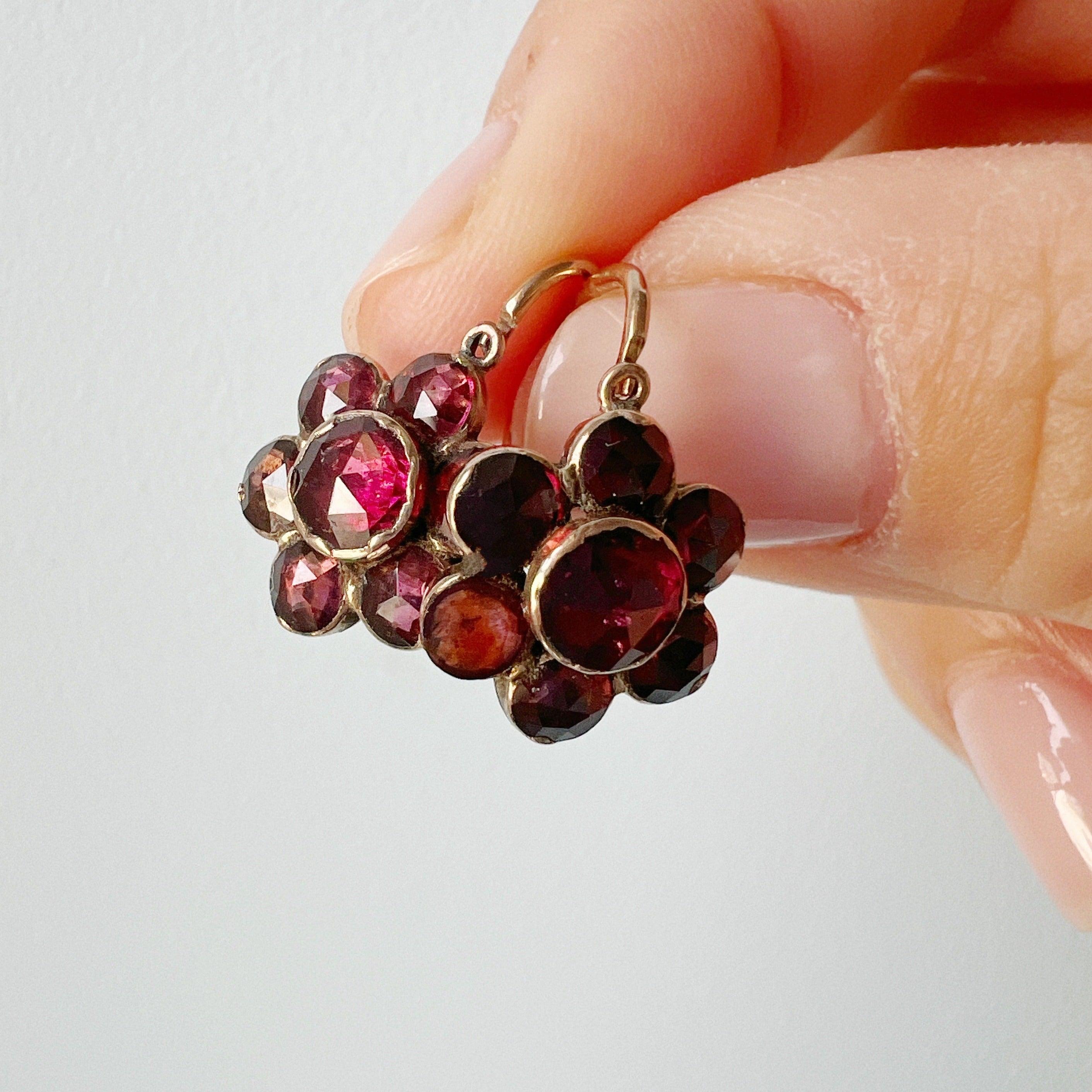 Antique 18K gold French Perpignan garnet flower earrings - Curiously timeless