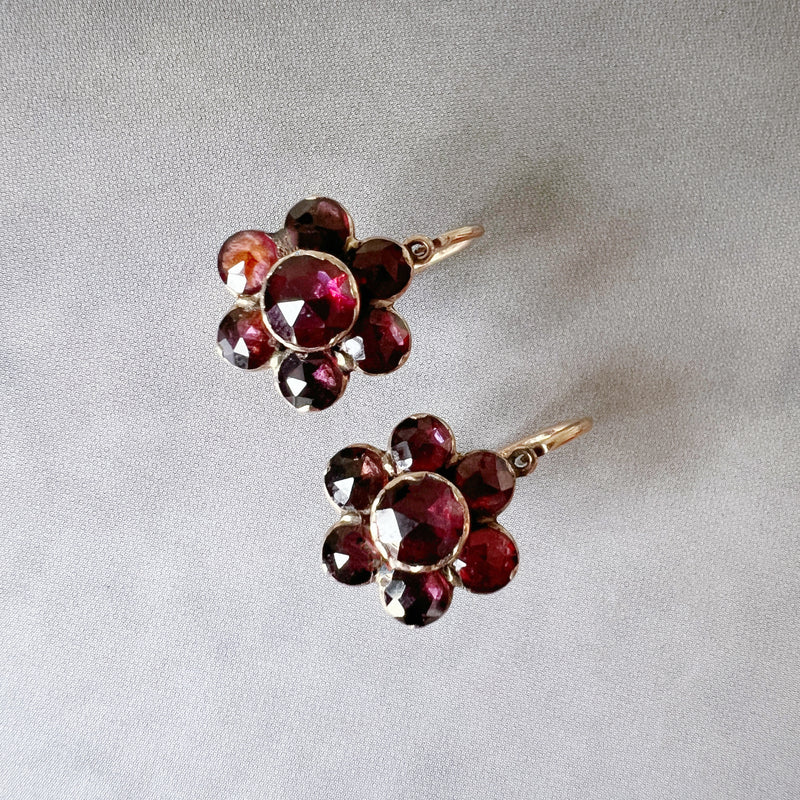 Antique 18K gold French Perpignan garnet flower earrings