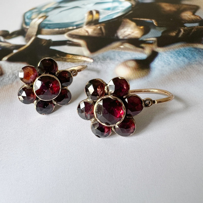 Antique 18K gold French Perpignan garnet flower earrings