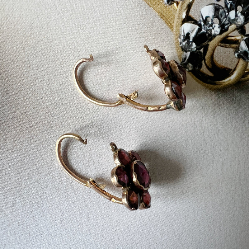 Antique 18K gold French Perpignan garnet flower earrings