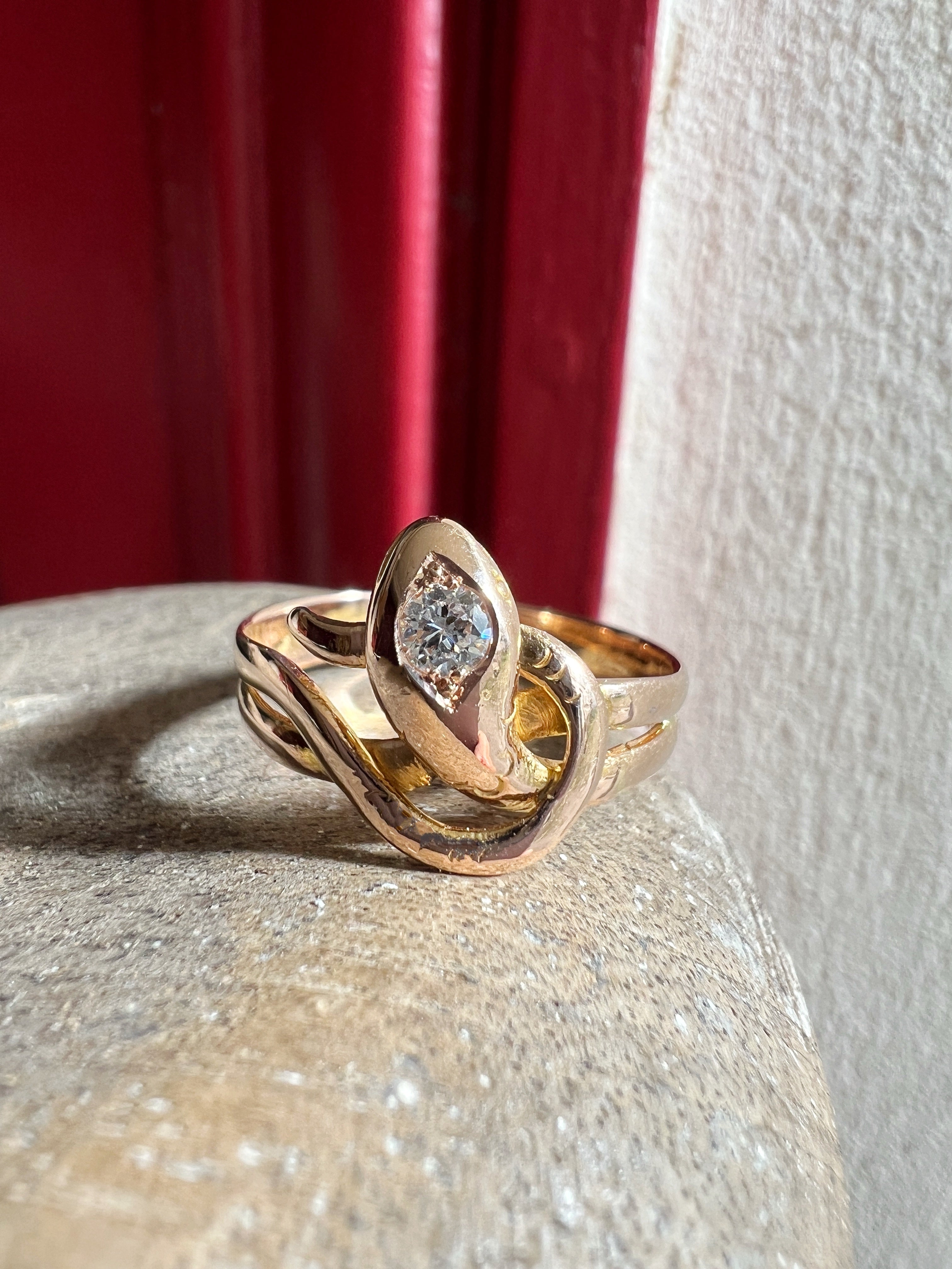 Antique French 18K gold diamond snake ring