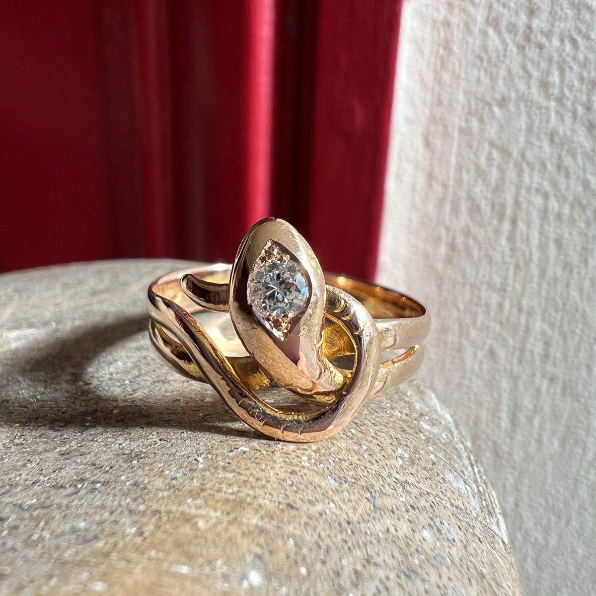 Antique French 18K gold diamond snake ring
