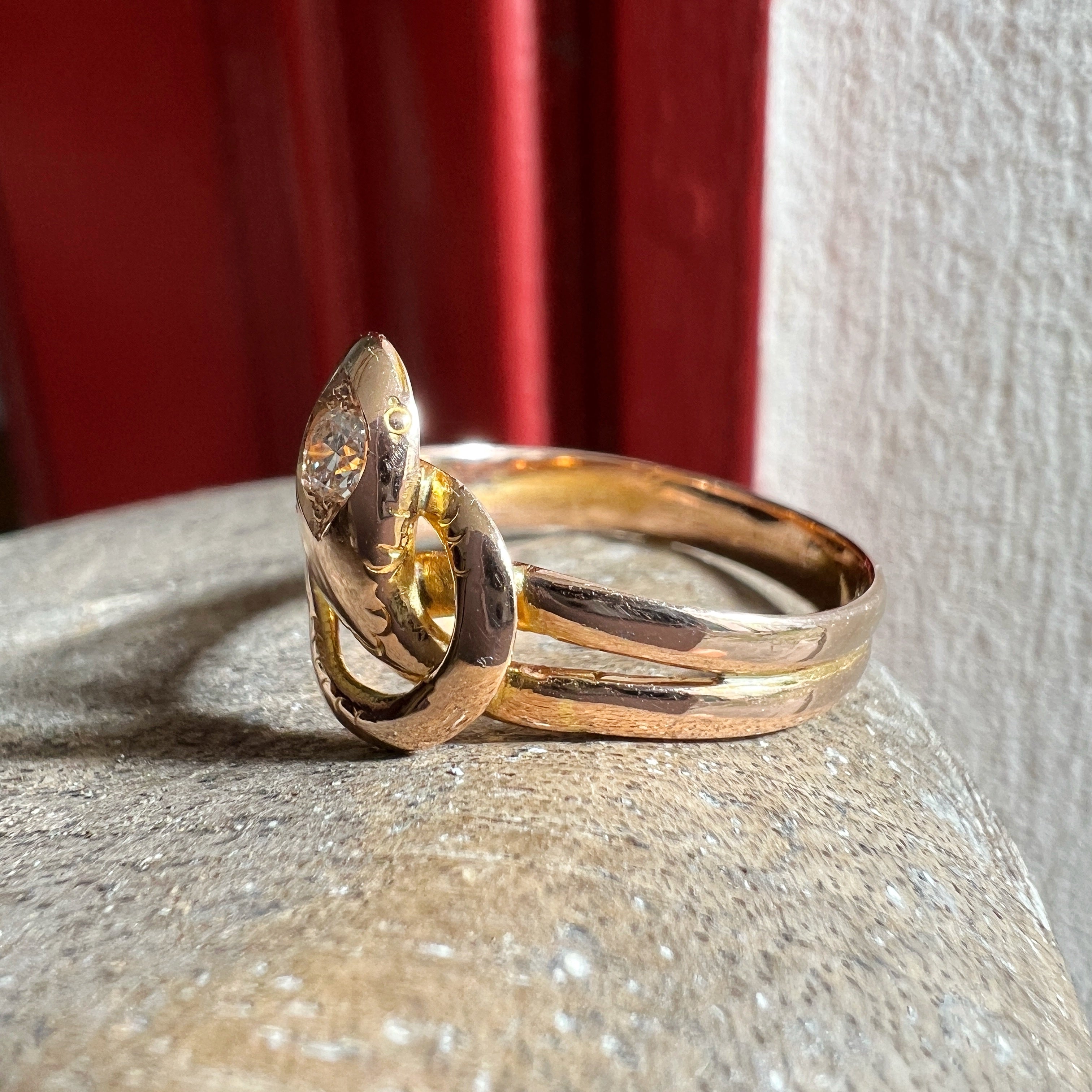 Antique French 18K gold diamond snake ring