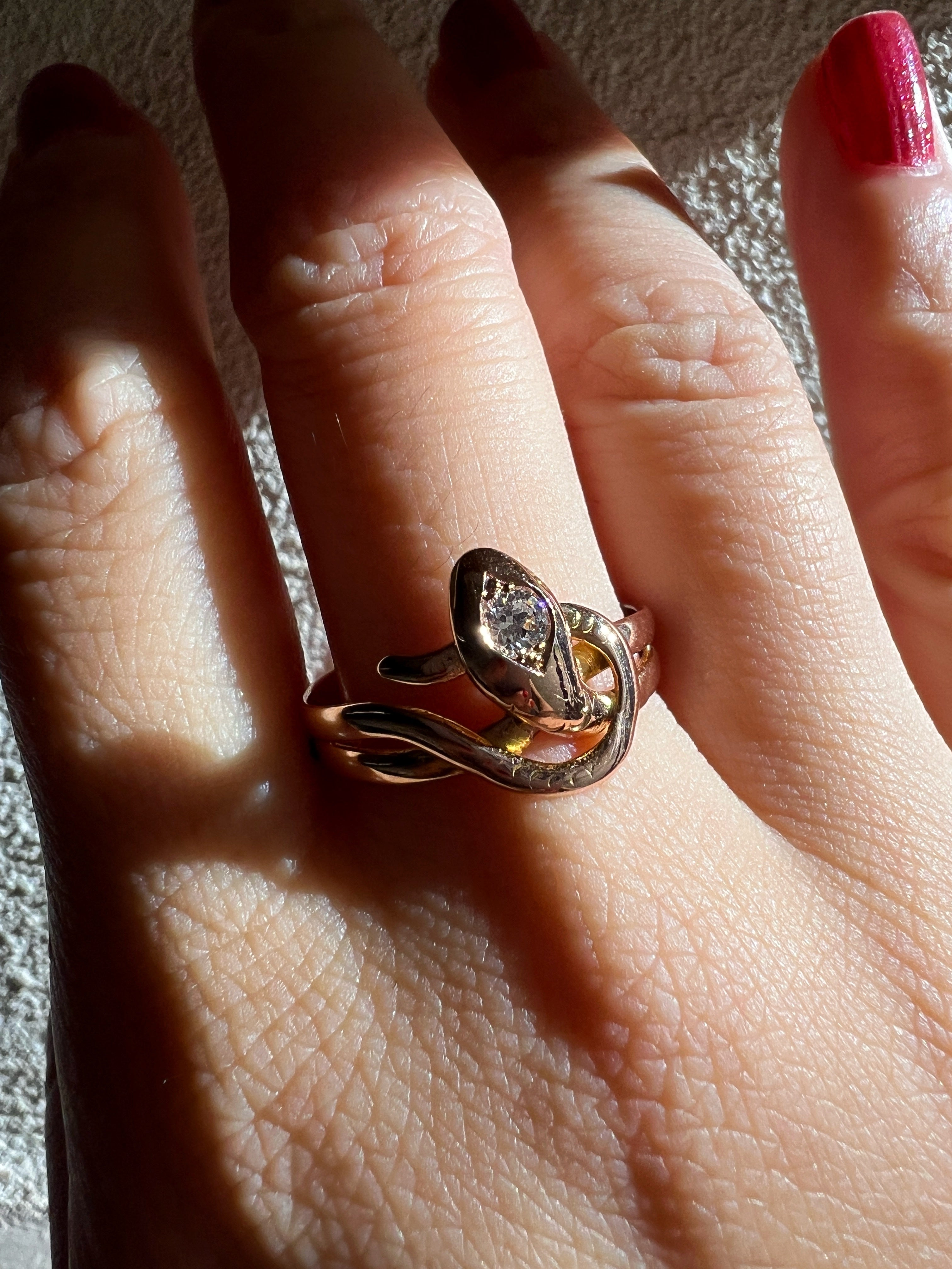 Antique French 18K gold diamond snake ring