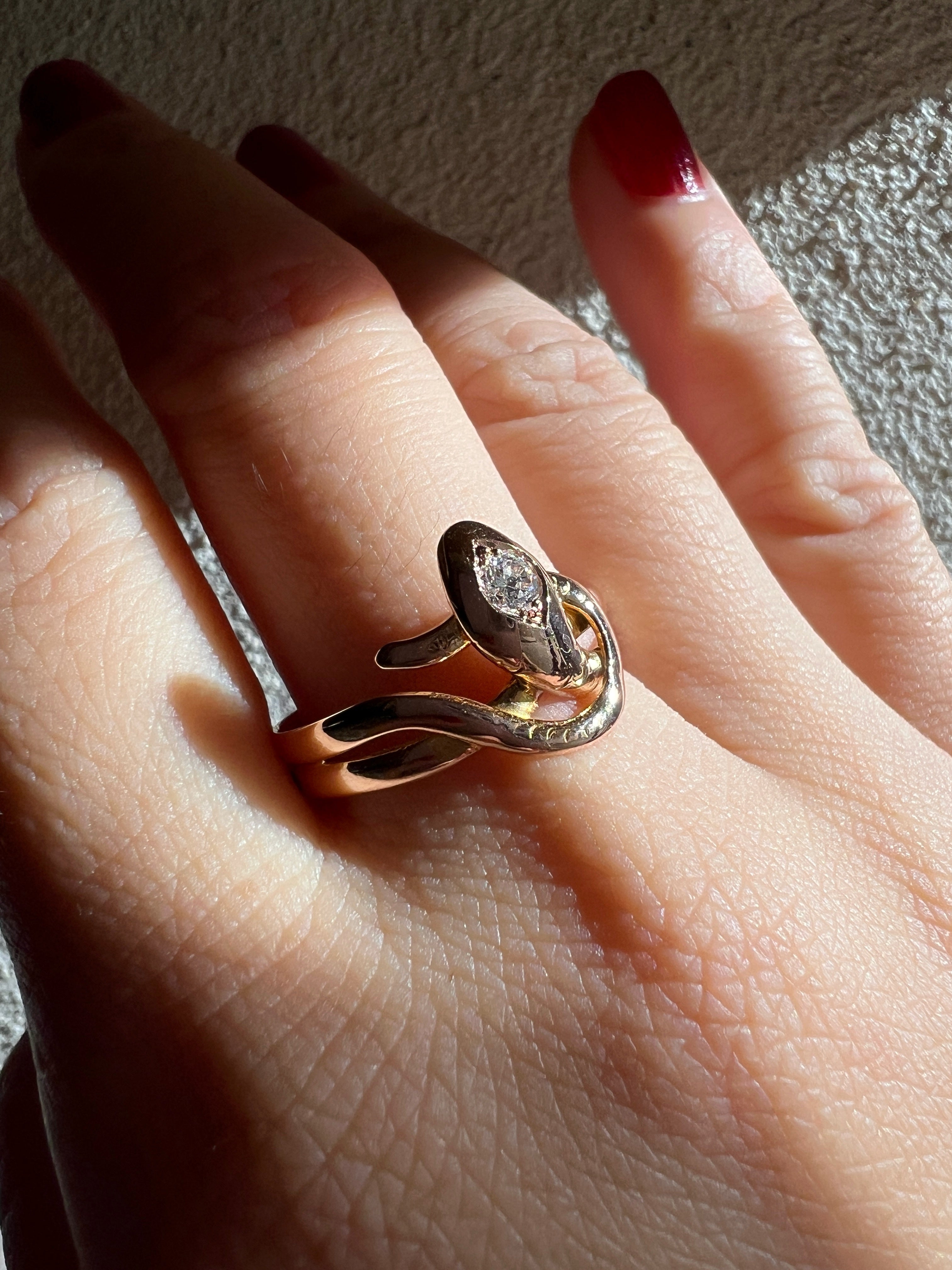 Antique French 18K gold diamond snake ring