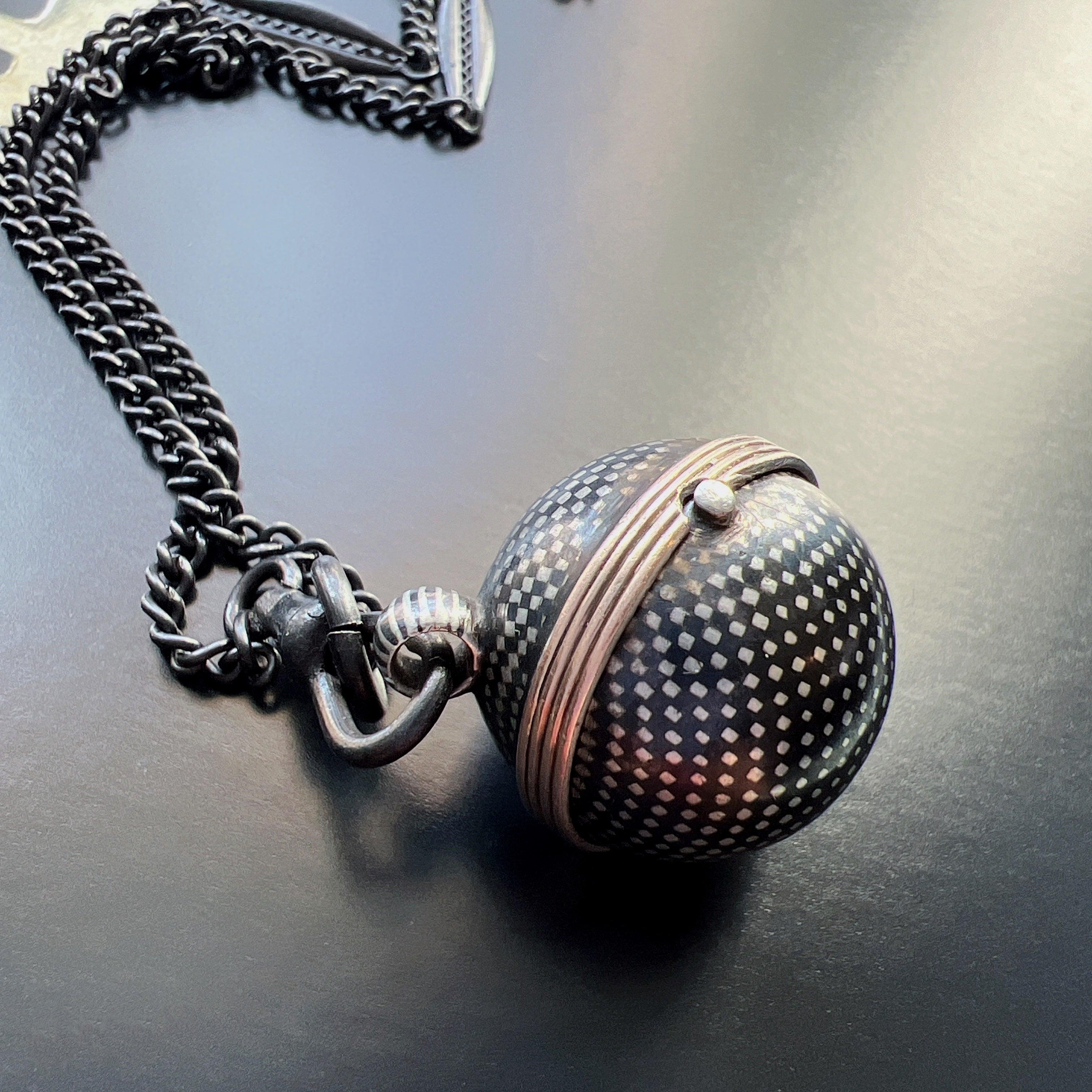 Victorian Niello Silver Orb Locket Pendant - Curiously timeless