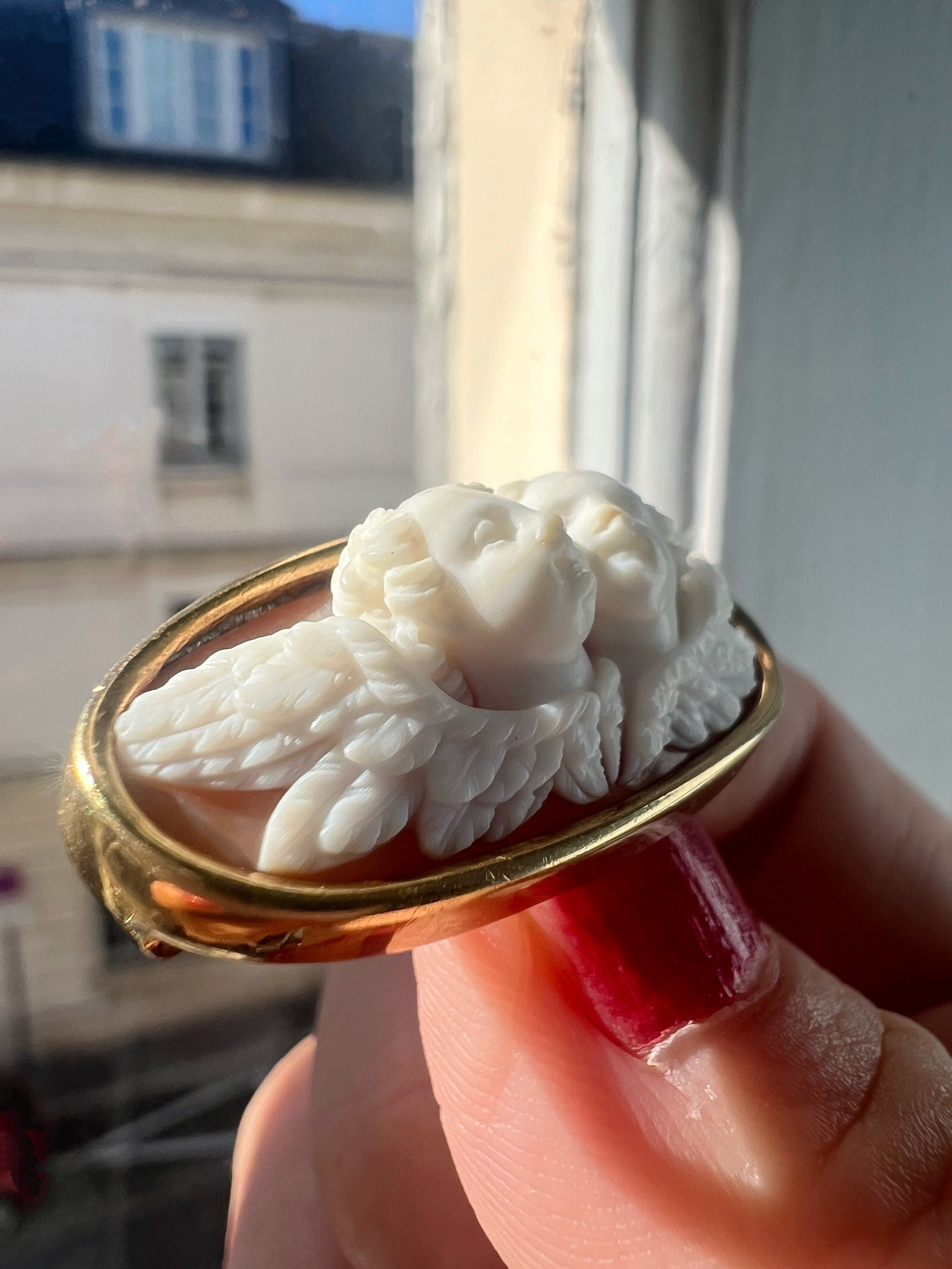 Victorian 18K gold high relief double angels cameo brooch