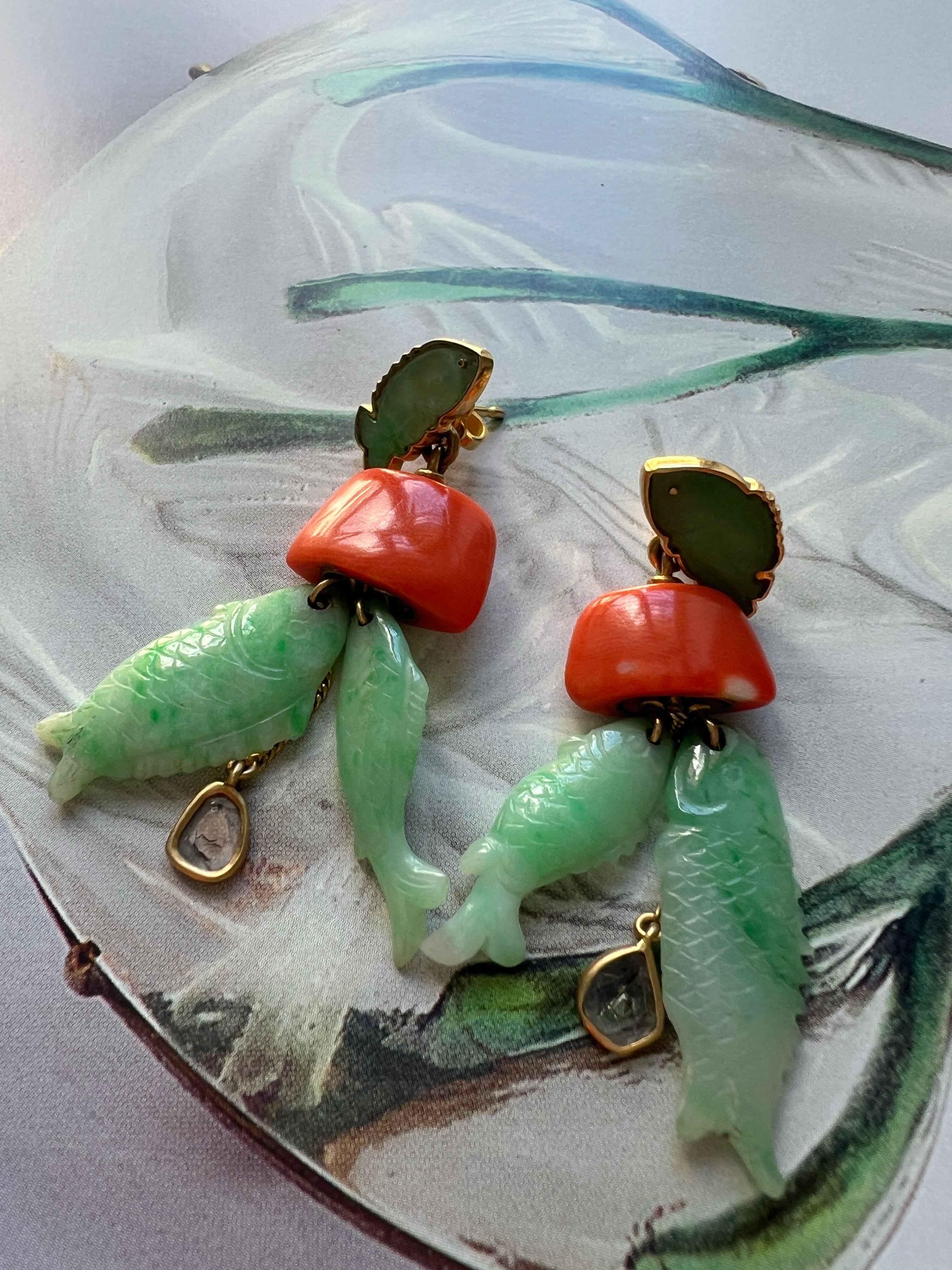 Maria Grazia Baldan 18K Gold Jade, Coral & Diamond fish Earrings