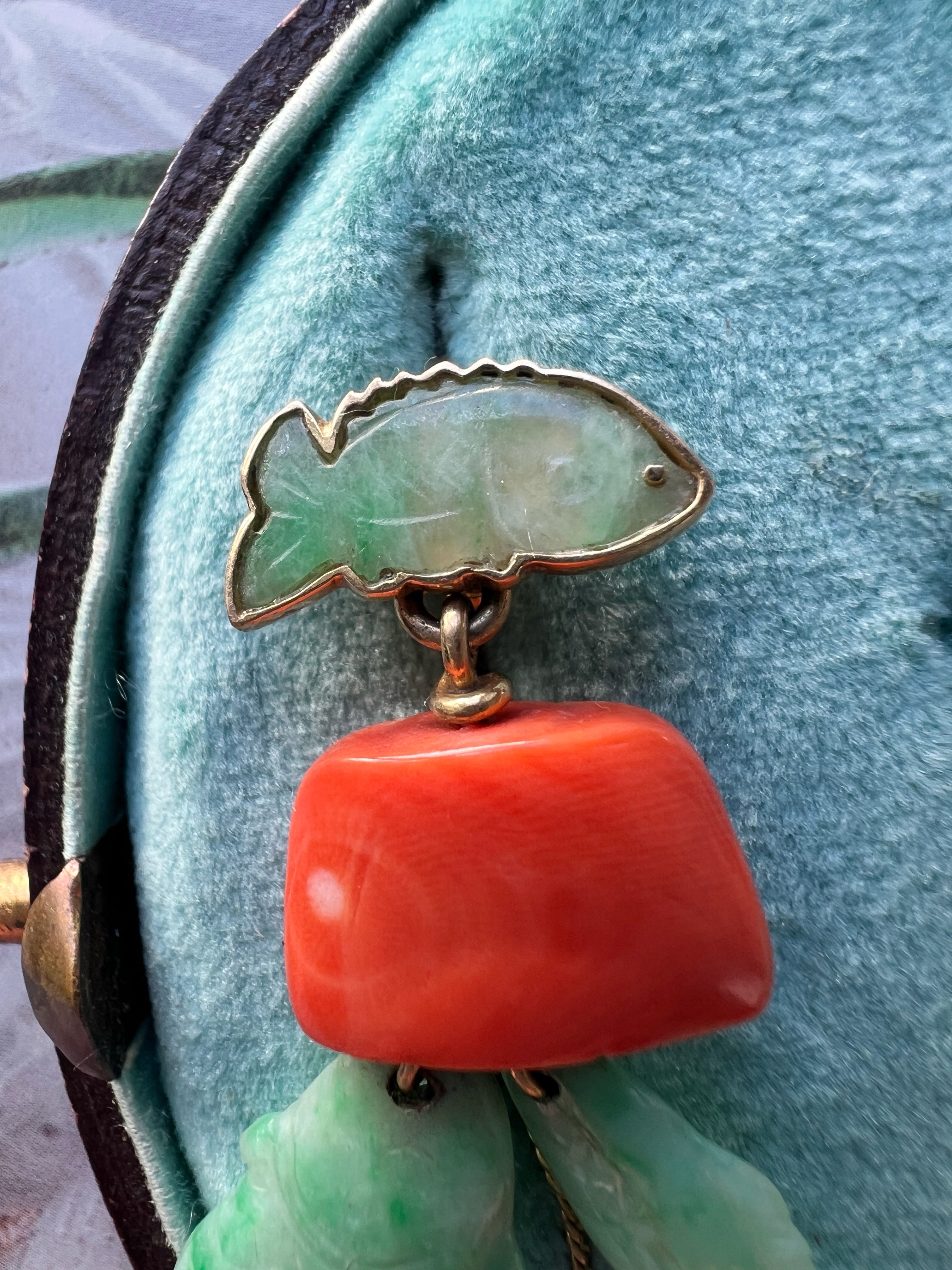 Maria Grazia Baldan 18K Gold Jade Coral & Diamond fish Earrings