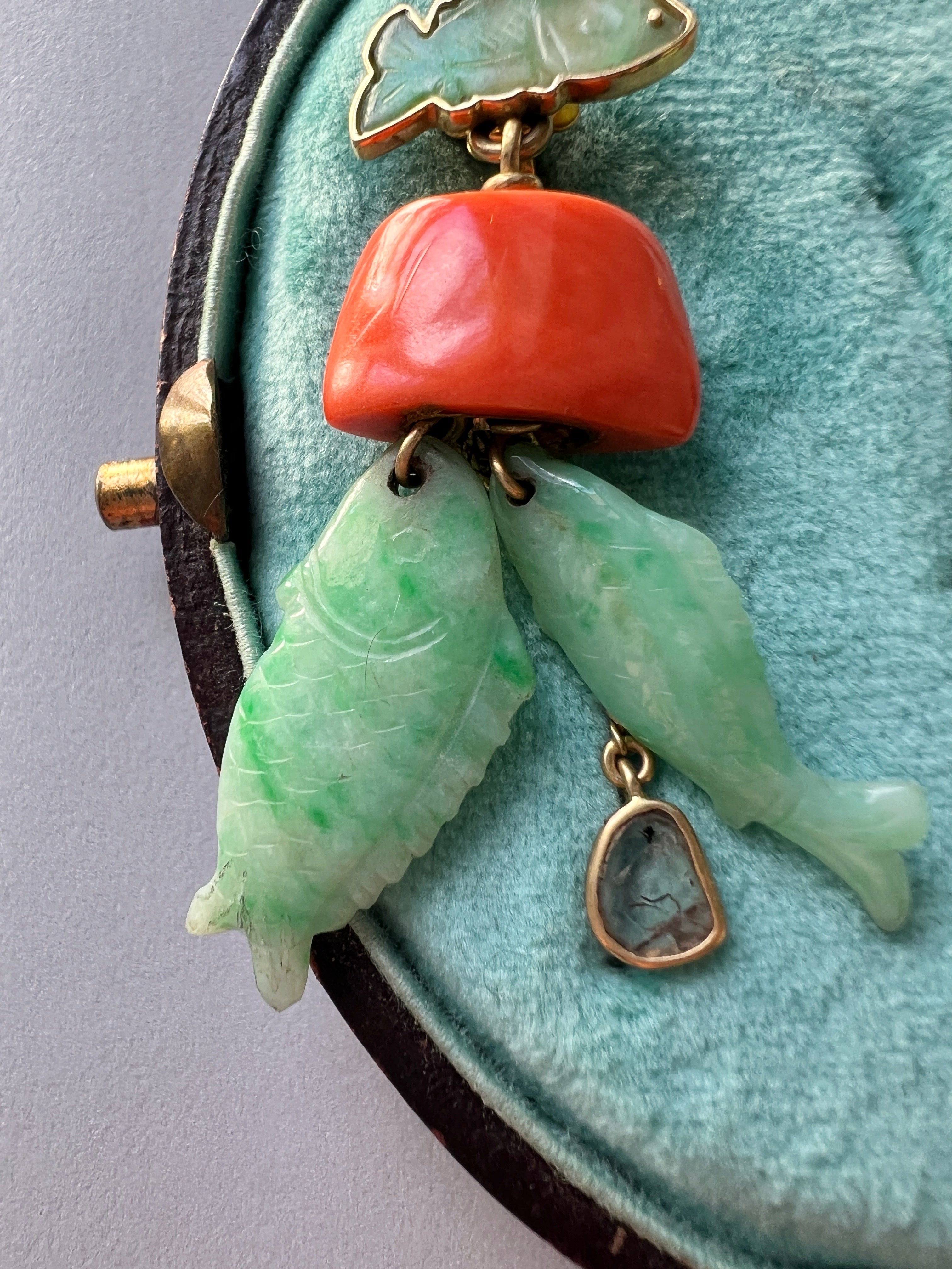 Maria Grazia Baldan 18K Gold Jade, Coral & Diamond fish Earrings