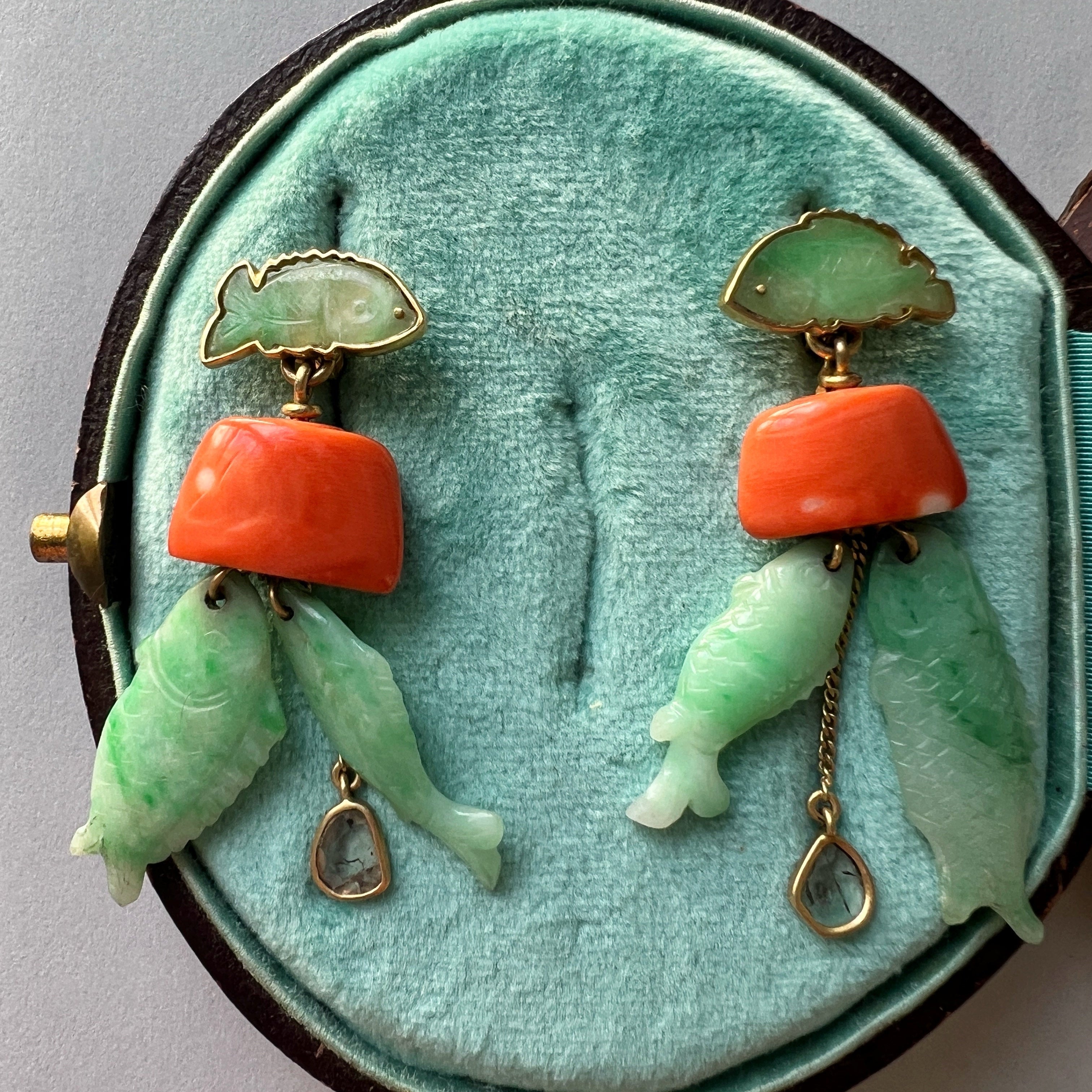 Maria Grazia Baldan 18K Gold Jade, Coral & Diamond fish Earrings
